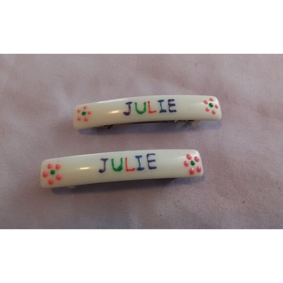 Personalized "Julie" Hair Barrettes Set Of 2 White With Floral Accents - Picture 1 of 5